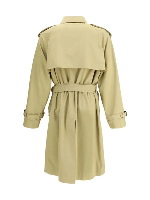 Lux Brands classic beige trench coat with belted waist and shoulder epaulets, perfect for timeless elegance and rainy day style.