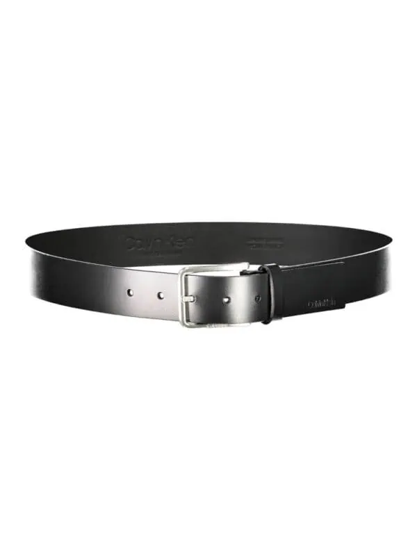 Black leather Calvin Klein belt with silver-tone buckle for men and women. Sleek, modern accessory ideal for casual and formal outfits. Durable and stylish, perfect for everyday wear.
