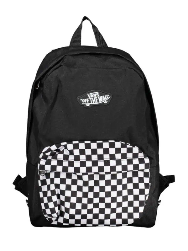 Black Vans backpack with a checkered front pocket and Vans logo patch, perfect for everyday use and travel.