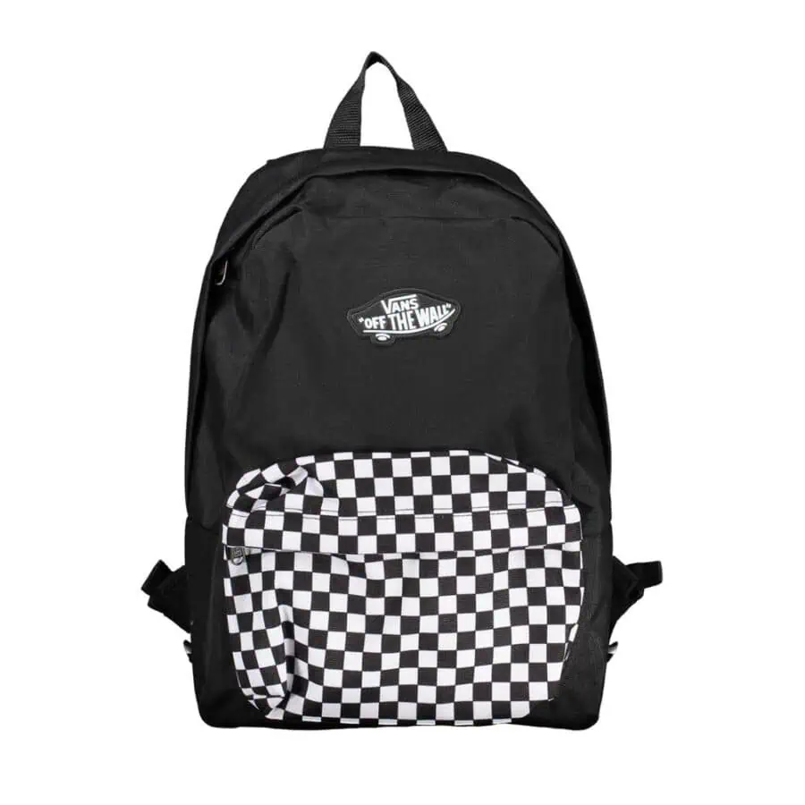 Black Vans backpack with a checkered front pocket and Vans logo patch, perfect for everyday use and travel.