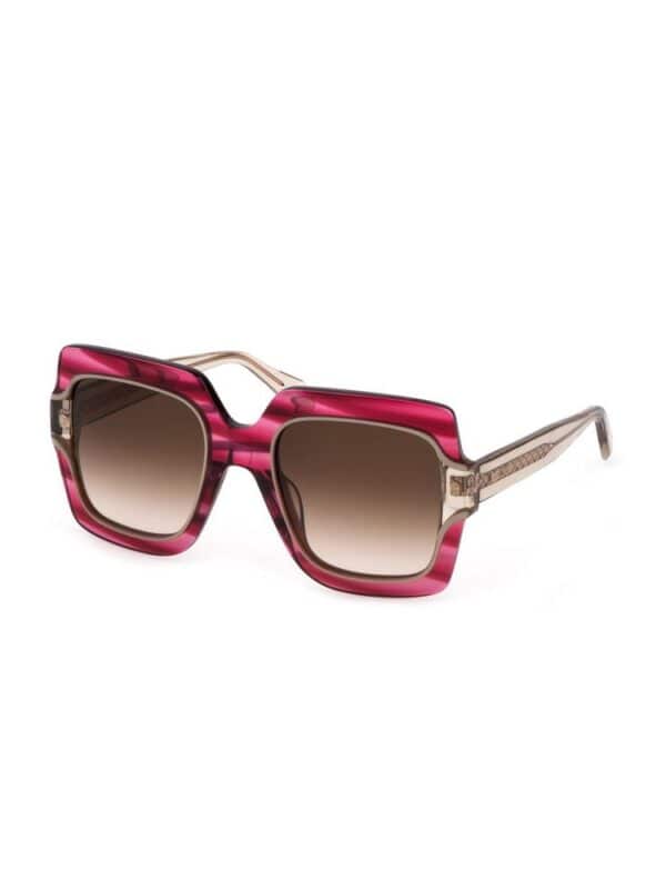 Bold pink and beige oversized square sunglasses with gradient brown lenses, stylish metal temples, and unique design for a high-fashion look.