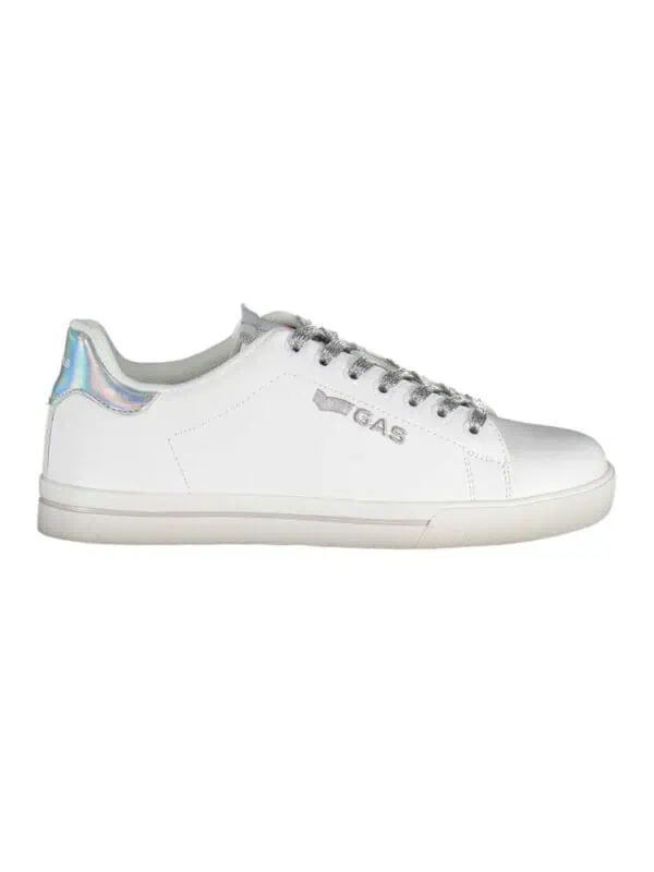 White luxury designer sneakers with holographic heel detail, lace-up closure, and metallic logo accents, perfect for fashion-forward looks and casual wear.