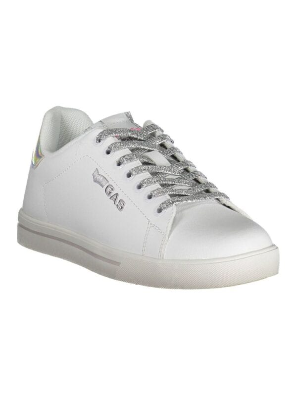 1. White casual sneakers with silver glitter laces and iridescent heel detail for stylish everyday wear.