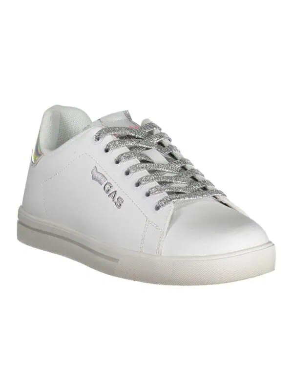 1. White casual sneakers with silver glitter laces and iridescent heel detail for stylish everyday wear.