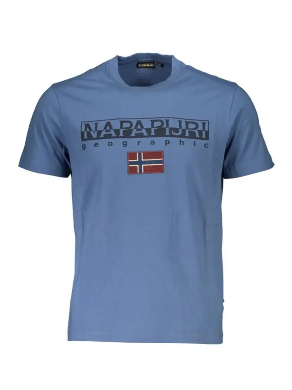Napapijri blue graphic T-shirt with logo and flag design for men, casual and stylish; perfect for everyday wear.