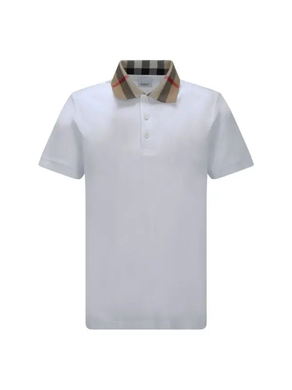 Burberry classic polo shirt with signature check collar, men's luxury casualwear, white design.