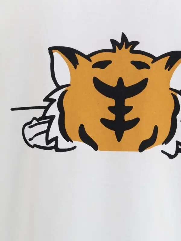 Cute tiger illustration on a white background, stylish and modern design perfect for apparel or home decor. Bright orange, black, and white colors enhance visual appeal and add a playful touch.
