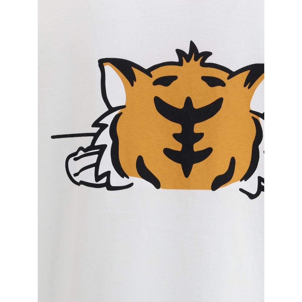 Cute tiger illustration on a white background, stylish and modern design perfect for apparel or home decor. Bright orange, black, and white colors enhance visual appeal and add a playful touch.