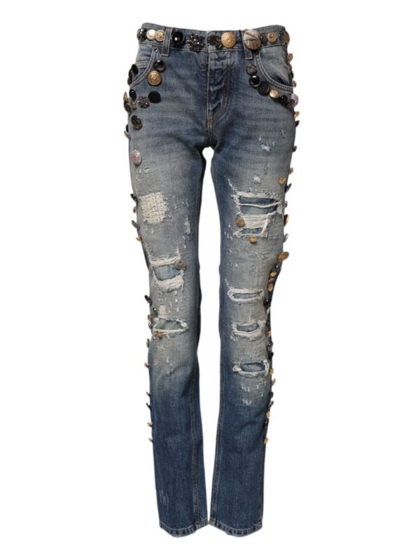 Dolce & Gabbana Blue Embellished Tattered SkinnyDenim Jeans