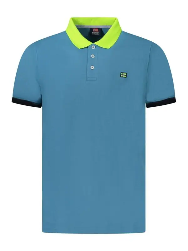 Blue and neon green men's polo shirt with Norwegian flag emblem, short sleeves, and button-up collar design for casual or golf wear.