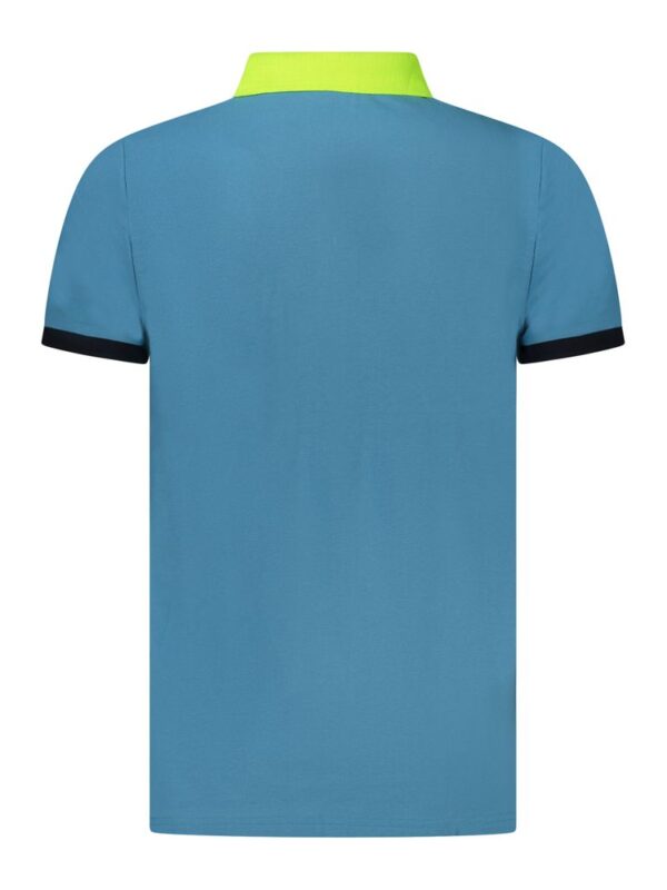 Blue polo shirt with contrasting neon yellow collar and black sleeve accents, stylish casual wear for men and women at Lux Brands.