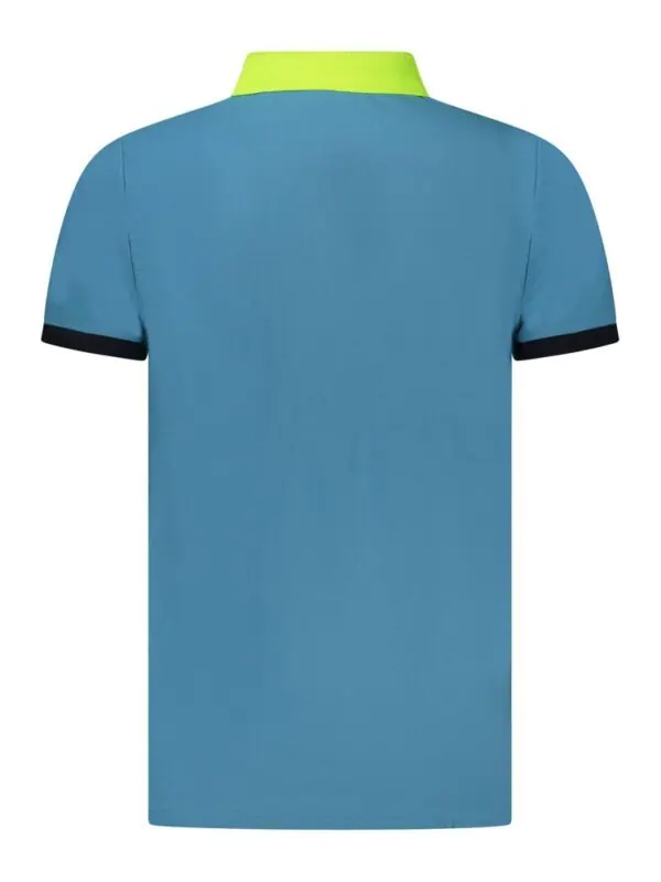 Blue polo shirt with contrasting neon yellow collar and black sleeve accents, stylish casual wear for men and women at Lux Brands.