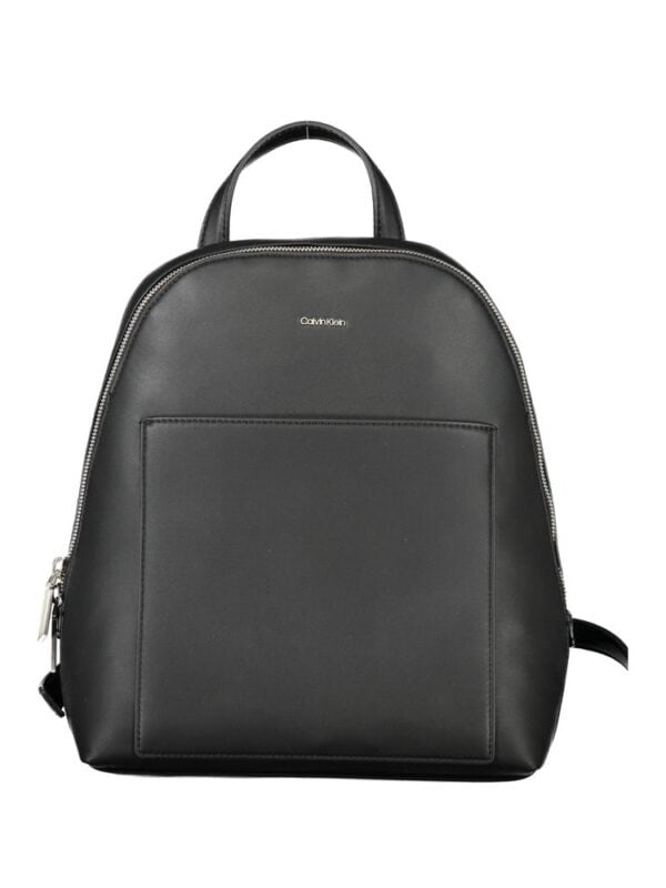 Black Calvin Klein Leather Backpack for Men and Women with Front Pouch and Silver Zippers, Stylish and Durable Bag for Everyday Use.