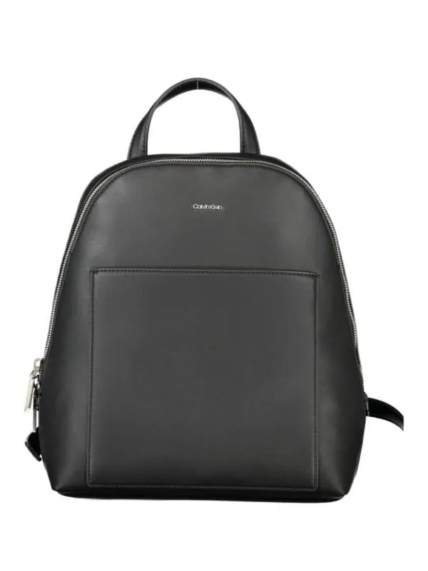 Black Calvin Klein Leather Backpack for Men and Women with Front Pouch and Silver Zippers, Stylish and Durable Bag for Everyday Use.