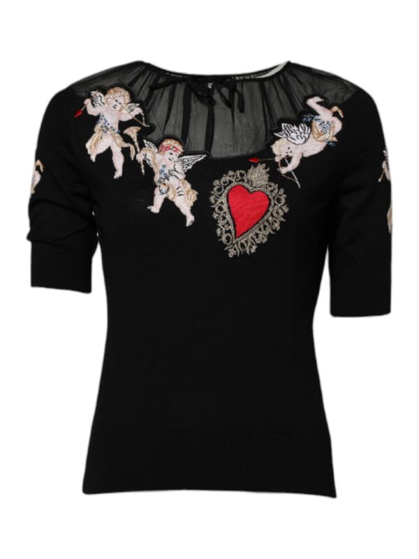 Dolce & Gabbana Black Sacred Heart Embroidered Crewneck Top