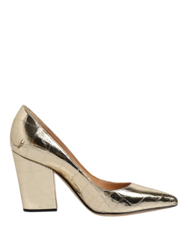 Sergio Rossi Gold Leather Pointed Toe Block Heels Shoes