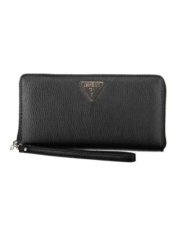 Premium black Guess wallet with textured faux leather, gold logo, and wrist strap for stylish convenience.