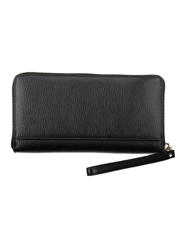 Black leather clutch wallet with wrist strap for women and men, stylish and functional accessory.