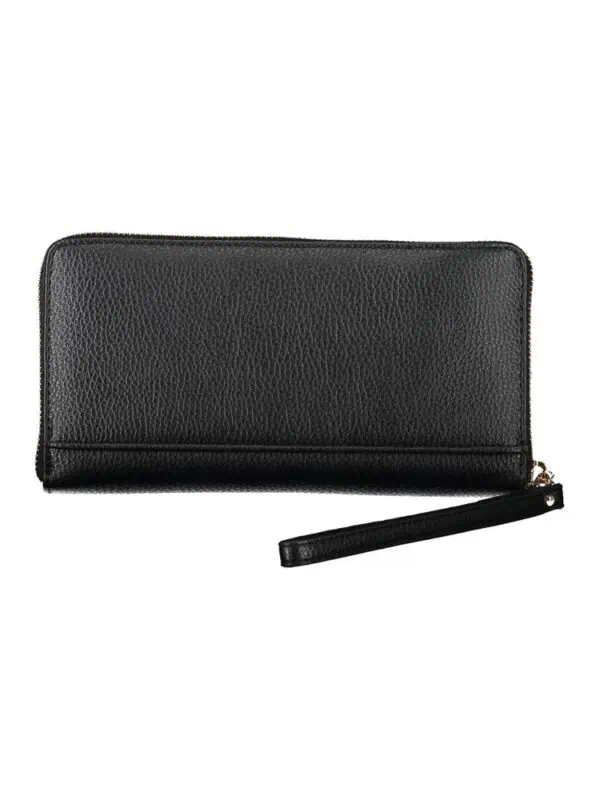 Black leather clutch wallet with wrist strap for women and men, stylish and functional accessory.