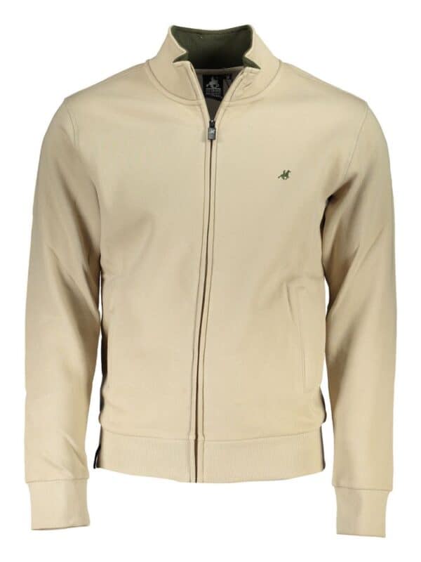 Men's beige zip-up casual hoodie with logo embroidery, stand collar, and ribbed cuffs from Lux Brands. Perfect for sporty, stylish, and comfortable everyday wear.