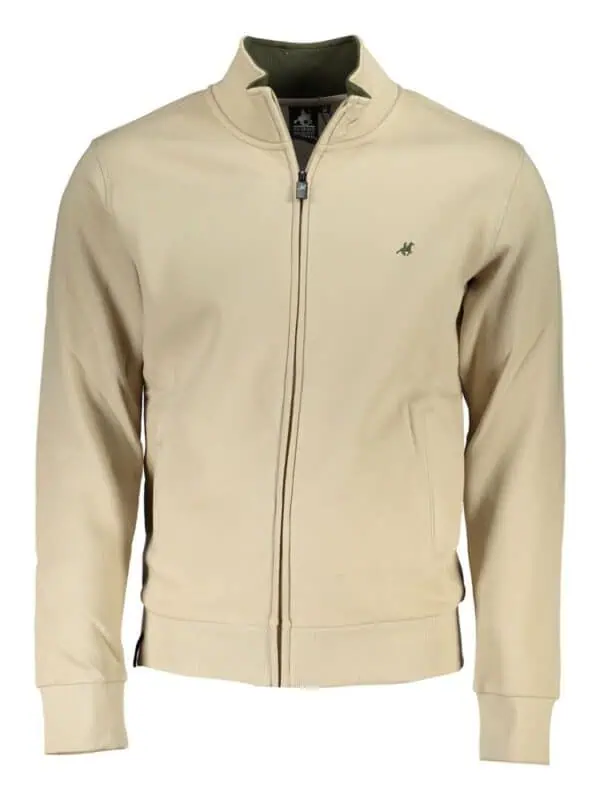 Men's beige zip-up casual hoodie with logo embroidery, stand collar, and ribbed cuffs from Lux Brands. Perfect for sporty, stylish, and comfortable everyday wear.