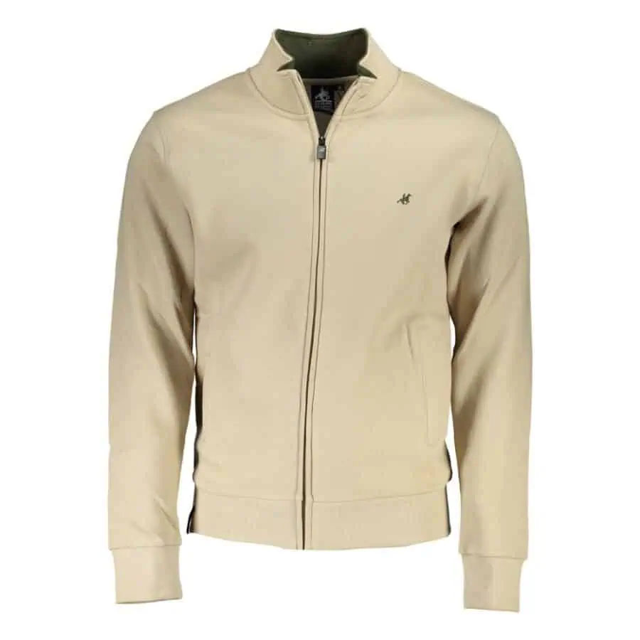Men's beige zip-up casual hoodie with logo embroidery, stand collar, and ribbed cuffs from Lux Brands. Perfect for sporty, stylish, and comfortable everyday wear.
