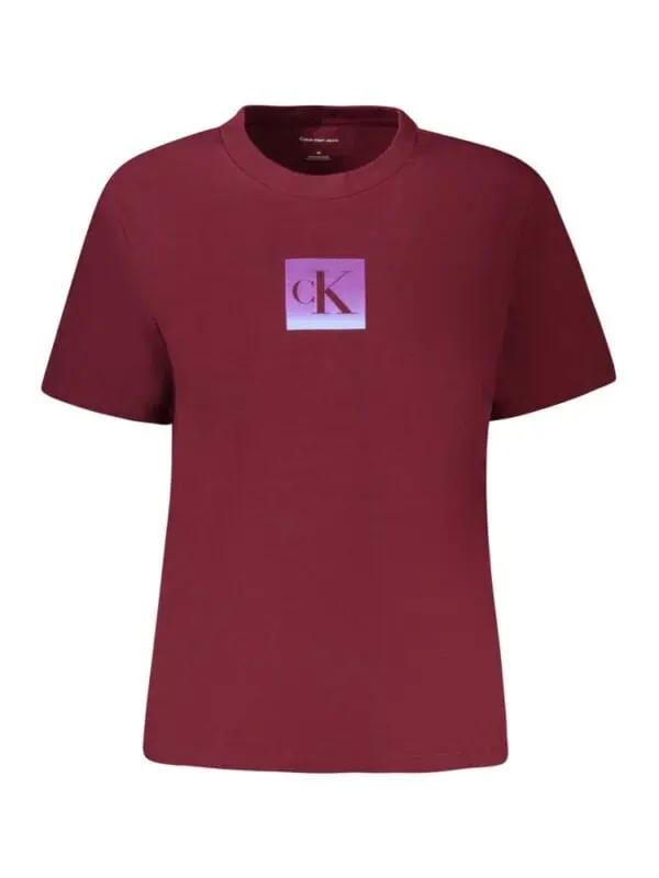 Calvin Klein women's logo graphic t-shirt in burgundy with a small CK logo on the front, perfect for casual and stylish everyday wear.