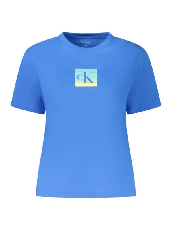 Calvin Klein blue logo t-shirt, casual women’s fashion top with adjustable logo design, perfect for everyday wear and stylish streetwear ensembles.