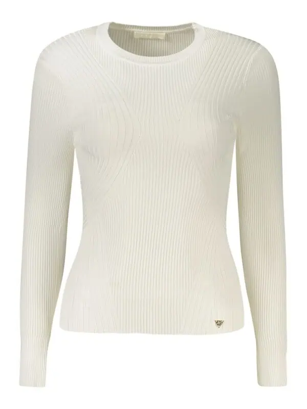 Cream ribbed knit sweater with geometric patterns and long sleeves from Lux Brands.