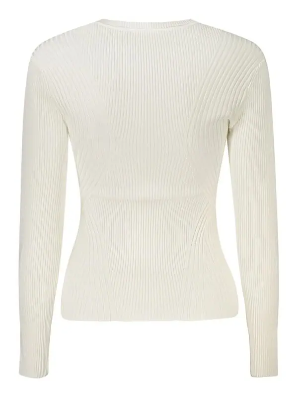 Cream ribbed knit sweater with fitted silhouette and intricate pattern details. Perfect for stylish and comfortable everyday wear.