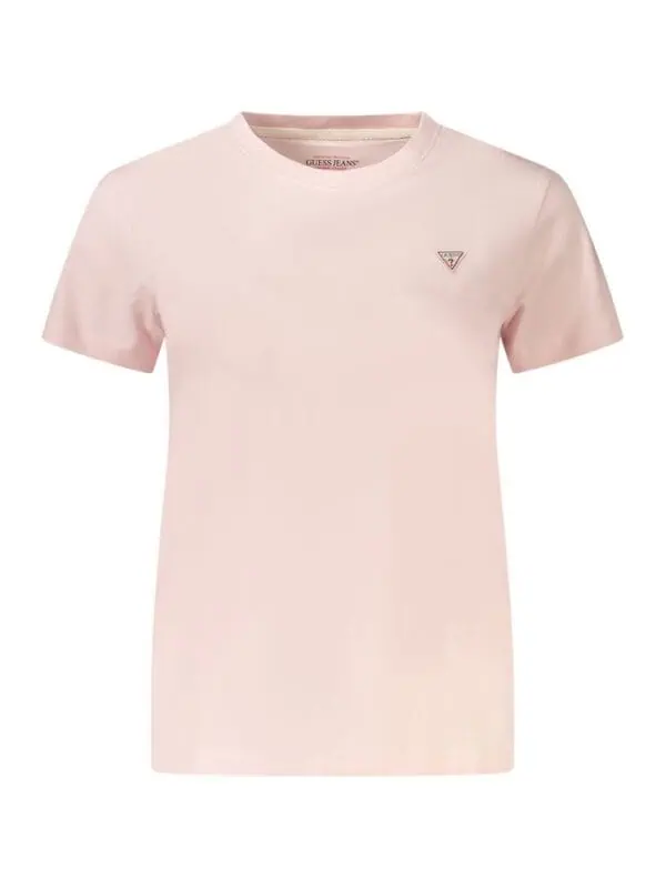 Soft pink Guess Jeans graphic t-shirt for women, classic casual style, short sleeves, round neckline, branded logo detail on chest. Perfect for everyday wear and stylish comfort.