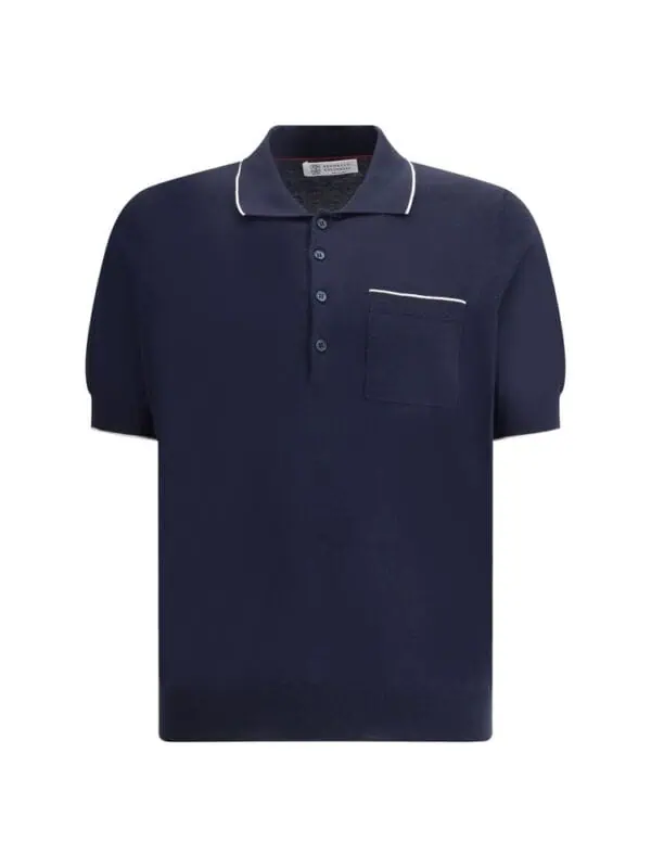 Navy blue polo shirt with white piping, short sleeves, and a chest pocket, perfect for casual and stylish summer looks.