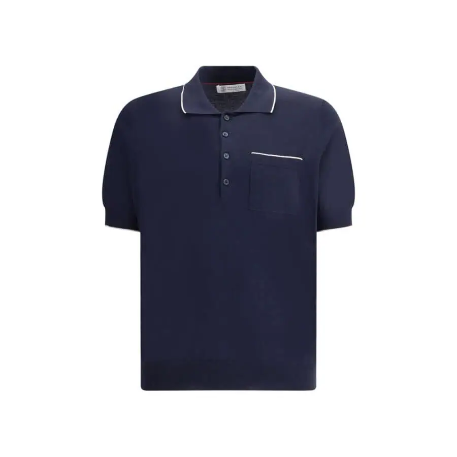 Navy blue polo shirt with white piping, short sleeves, and a chest pocket, perfect for casual and stylish summer looks.