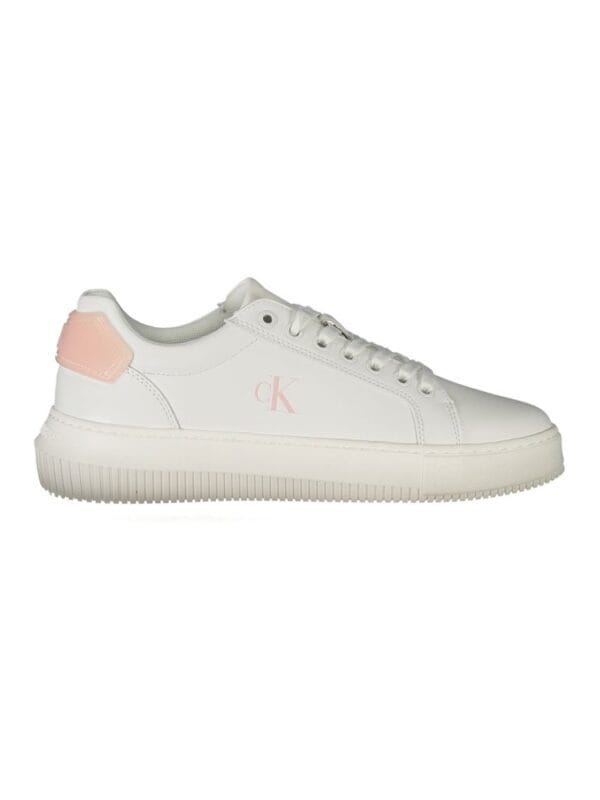 White minimalist sneaker with pink heel tab, monogram detail, and chunky sole from Lux Brands. Perfect for casual and stylish everyday wear with a chic aesthetic.