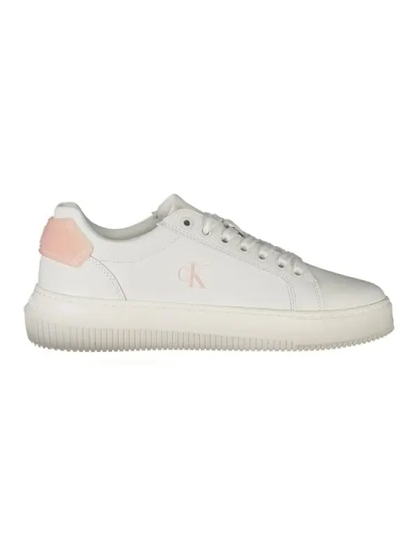 White minimalist sneaker with pink heel tab, monogram detail, and chunky sole from Lux Brands. Perfect for casual and stylish everyday wear with a chic aesthetic.