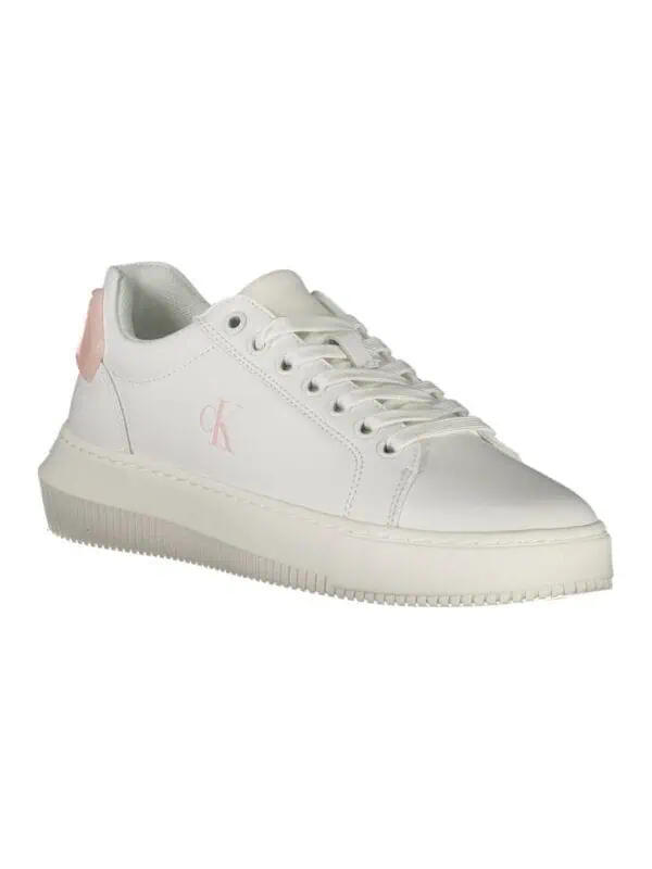 White trendy canvas sneakers with pink accents and CK logo for casual stylish wear.