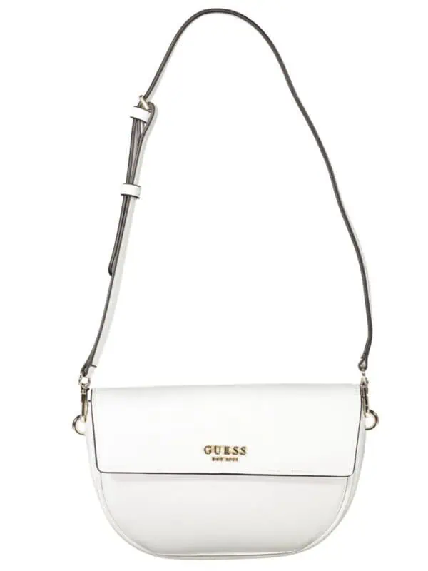 Ghost white GUESS shoulder bag with gold logo, stylish and versatile accessory for women.
