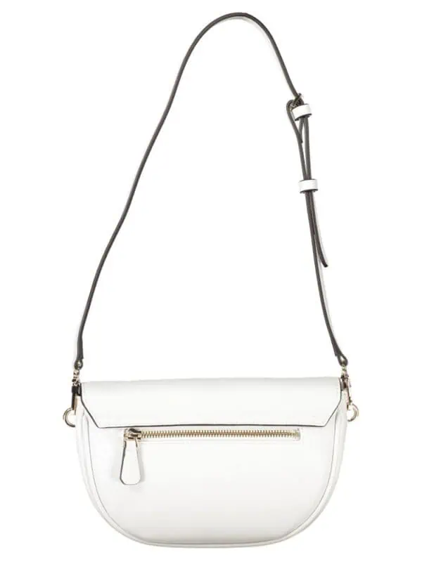 Smooth white handbag with gold zipper, stylish and versatile accessory for women.