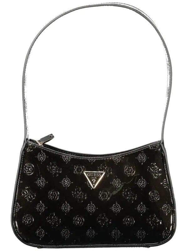 Glossy black Guess shoulder bag with metallic logo and textured pattern, perfect for stylish occasions.