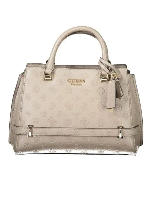 Elegant beige Guess designer handbag with embossed logo and gold accents, perfect for stylish occasions.