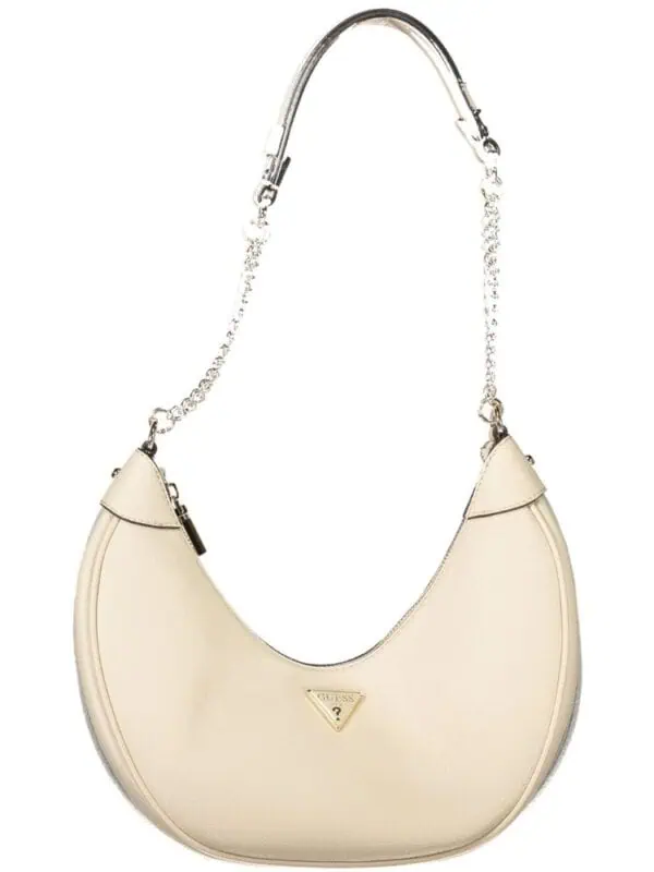 Shiny cream Prada crescent-shaped handbag with silver chain strap and logo emblem, stylish accessory for elegant outfits.