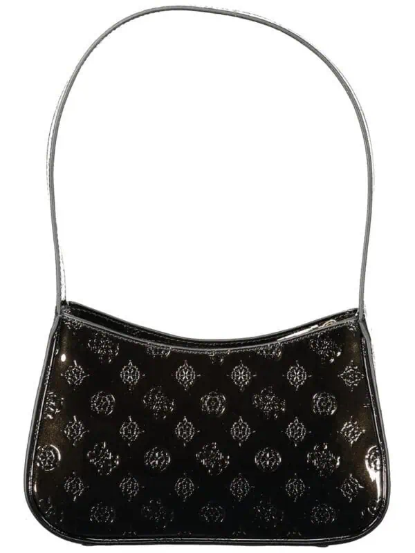 Lux Brands designer black patent leather handbag with silver chain strap and intricate embossed logo pattern, perfect for elegant evening outings.