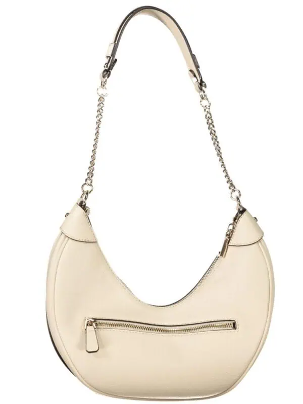 Elegant cream-colored crescent-shaped handbag with silver chain strap and front zipper pocket, perfect for chic casual outings and evening events. Stylish accessory to elevate your look.