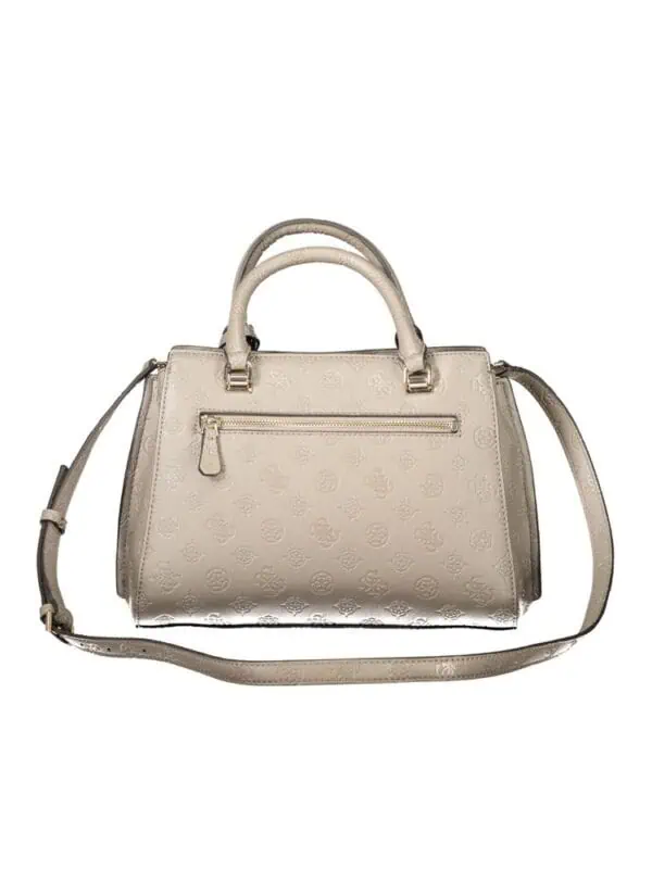 Elegant beige designer handbag with embossed logo, top handle, and adjustable shoulder strap for versatile styling. Perfect for fashion-forward occasions.