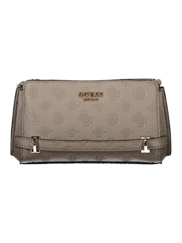 Guess embossed designer wallet in beige with gold logo and textured floral pattern for women.