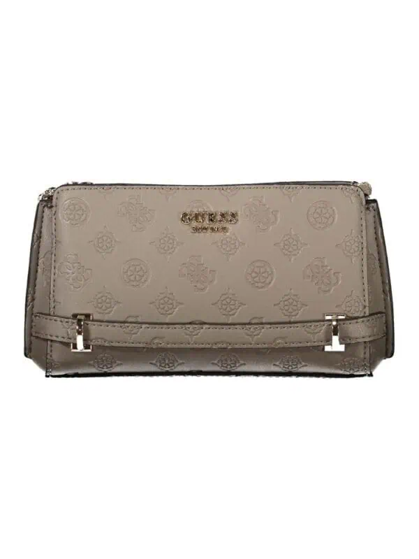 Guess embossed designer wallet in beige with gold logo and textured floral pattern for women.
