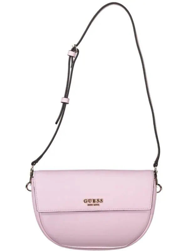 Pink GUESS crossbody handbag with adjustable strap and gold logo detail, perfect for stylish daily use.