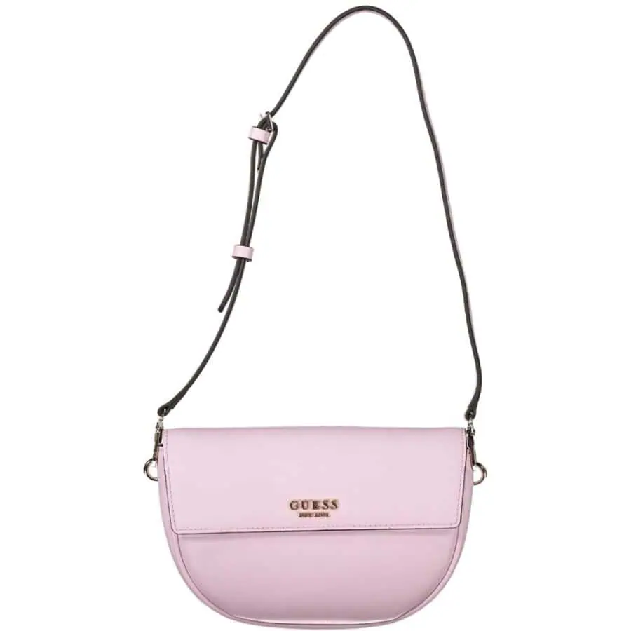 Pink GUESS crossbody handbag with adjustable strap and gold logo detail, perfect for stylish daily use.