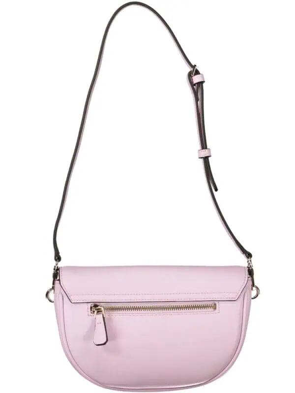 Pink leather crossbody bag with adjustable strap and gold zipper detail for women.