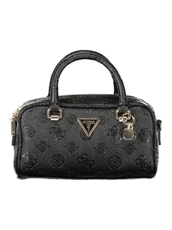 Luxury black Guess handbag with embossed logo pattern and gold-tone accents, ideal for stylish everyday use.